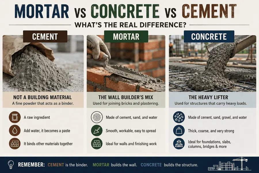 Mortar vs Concrete vs Cement: What’s the Real Difference?